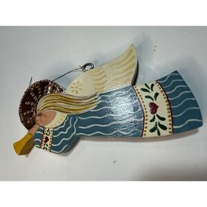 VTG Painted Wooden Flying Angel With Copper Accents